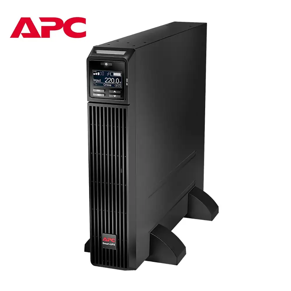 APC online double-conversion UPS with a black tower design, front LCD display, and vertical ventilation grille.